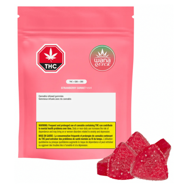 Edibles Solids - SK - Wana Quick Strawberry Sorbet 1-1-1 THC-CBD-CBG Gummies - Format: