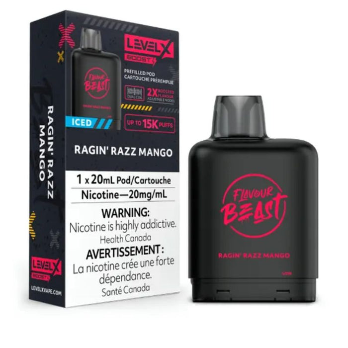 *EXCISED* RTL - Disposable Vape Flavour Beast Level X Boost Pod Ragin' Razz Mango Iced 20ml - Flavour Beast