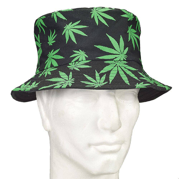 Bucket Hat Black Hat With Green Leaves - Raw