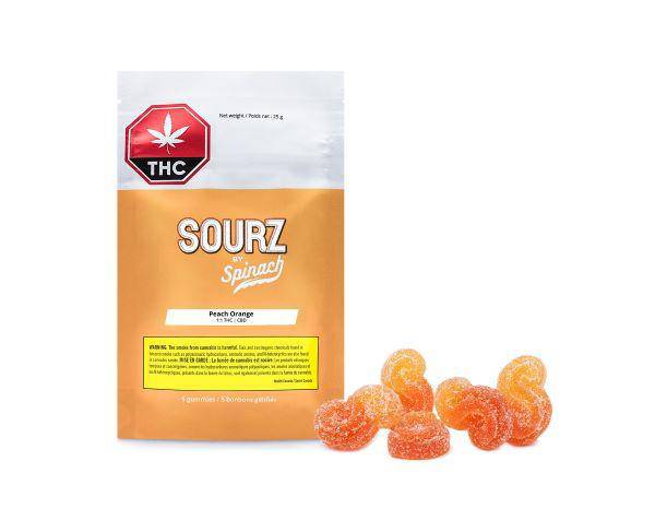 Edibles Solids - AB - Sourz by Spinach Peach Orange 1-1 THC-CBD Gummies - Format: - Spinach